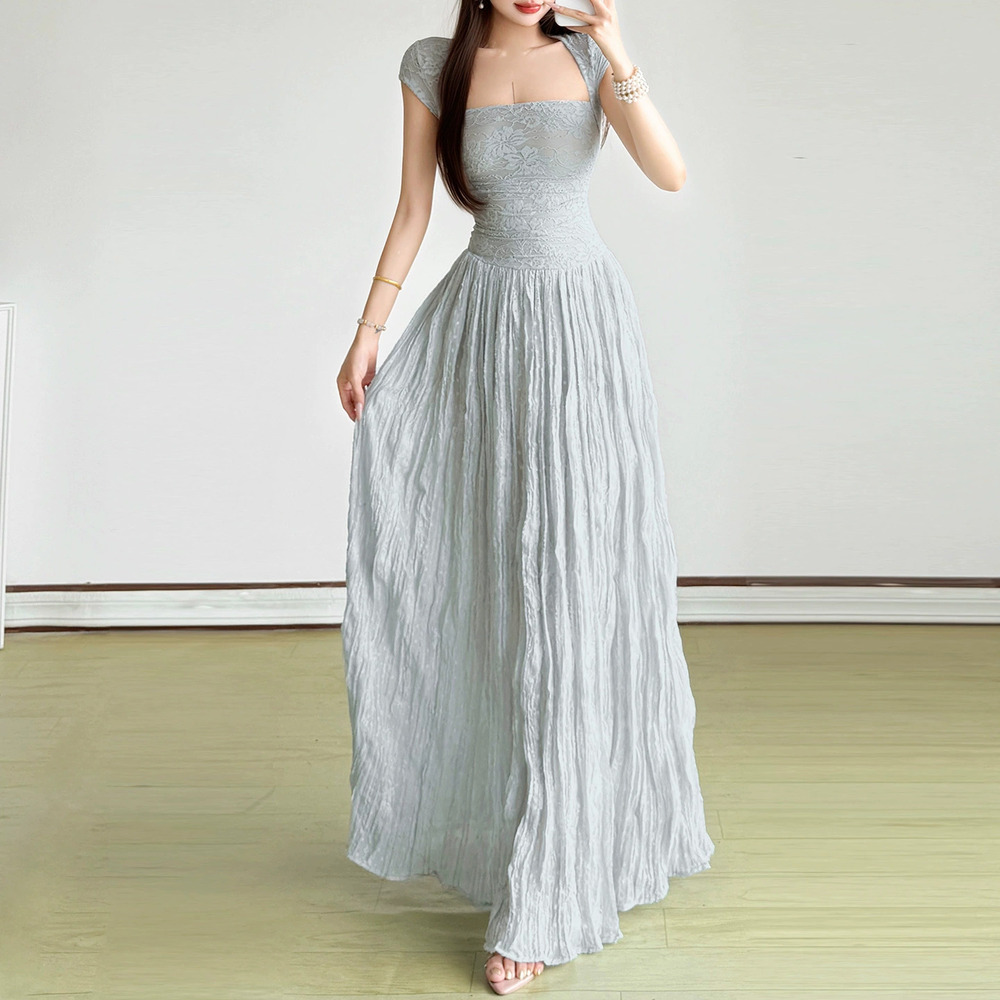 ZARA Summer French Vintage Square Neck Short Sleeve Mesh Flared Maxi Dress